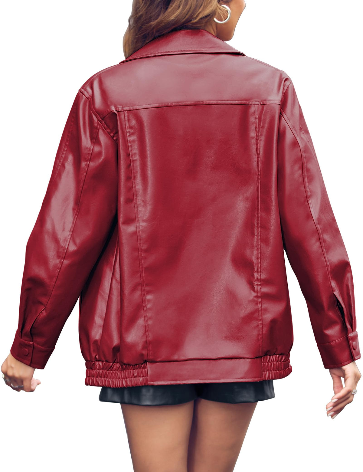 Miladusa Leather Blazer for Women Faux Motorcycle Plus Size Lapel Moto Biker Fall Winter Fashionable Coat Dark Red S