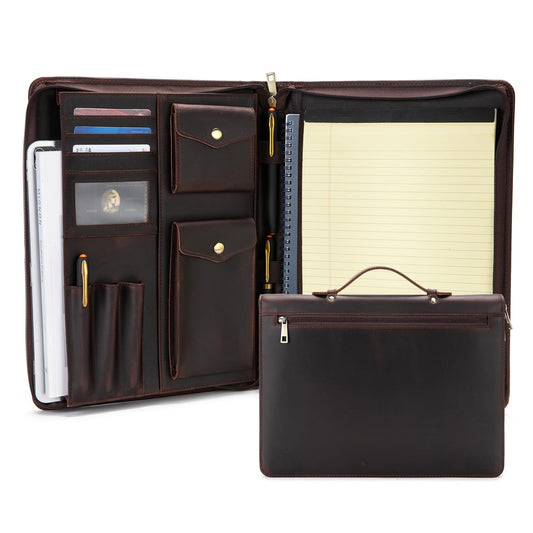 Geslun Genuine Leather Portfolio with Hidden Handle, Zippered Front Pocket, Business Padfolio for Men and Women, 8.5 x 11 Legal Pad Notebook Holder, Office Letter Notepad Folio, Dark Brown
