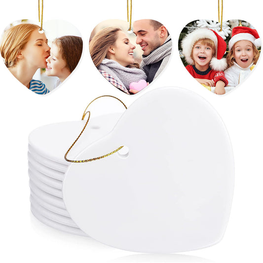 WILLBOND Heart Sublimation Blank Ceramic Ornament 3 Inch White Heart Ceramic Ornament with Gold String for Valentine DIY Crafts Valentine's Day Personalized Decorations