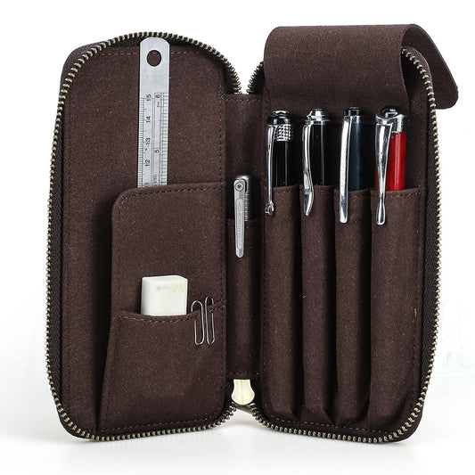 CONTACTS Full Grain Crazy Horse Leather Pencil Case Handmade Vintage Zipper Pen Holder Pouch with Card Slot Pens Organizer Pockets Stationery Bag for Men
