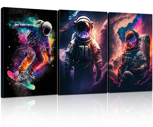 3Pcs Astronaut Wall Art Creative Astronaut Space Canvas Theme Paintings, Modern Art Style Posters with Colorful Explosion Effects, astronaut Series Home Images, Living Room, Dining Room, Bedroom, Dormitory, Office Wall Decoration16x12 InchesX3