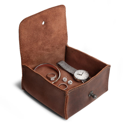 Hide & Drink, Jewelry Pouch, Mini Travel Size Box, Rings & Precious Articles Storage Organizer, Groom & Bridesmaid Wedding Gifts, Full Grain Leather, Handmade, Bourbon Brown