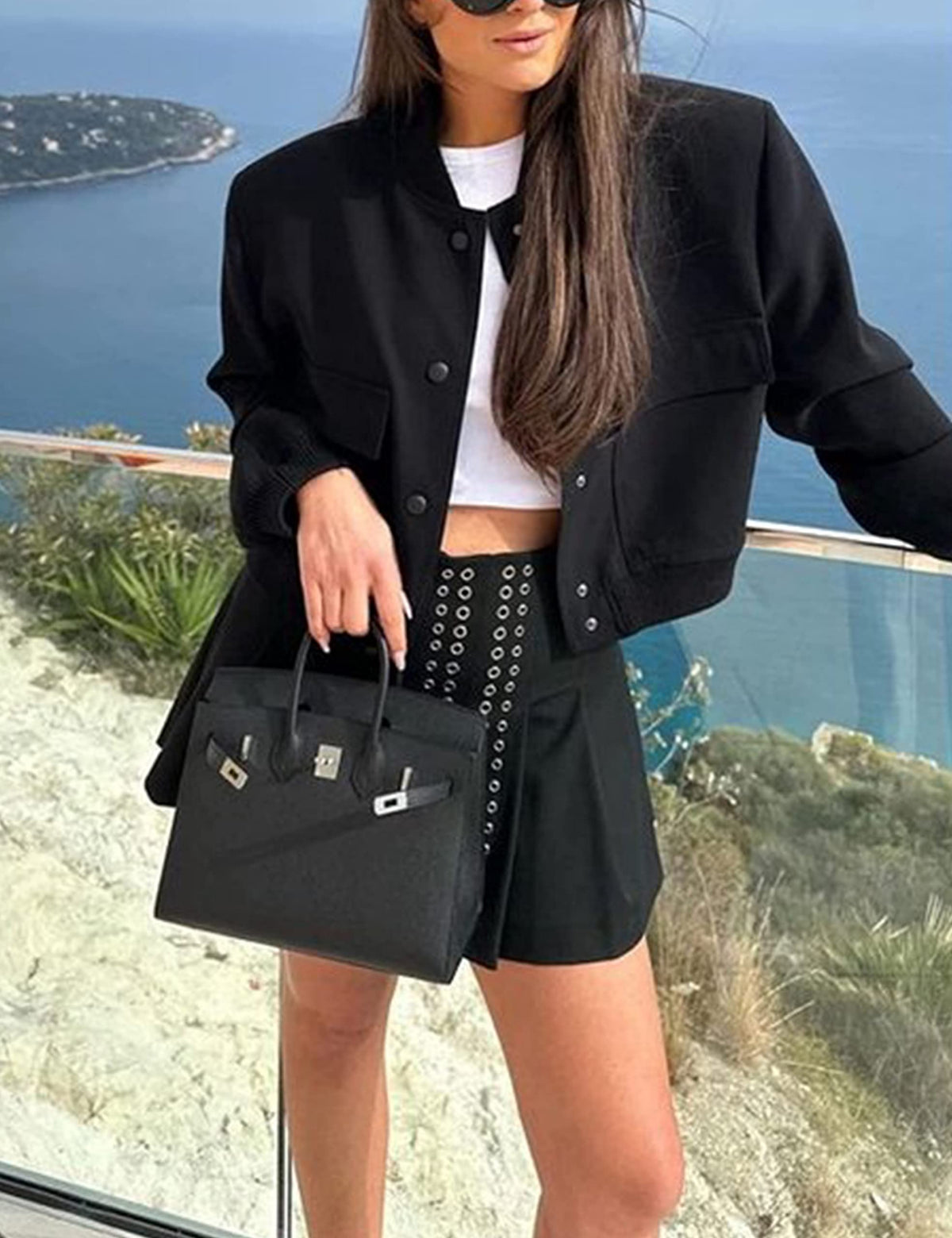 Megfie Womens Cropped Bomber Jacket Button Down Varsity Jackets Shackets With Pockets (0394-Black-XL)