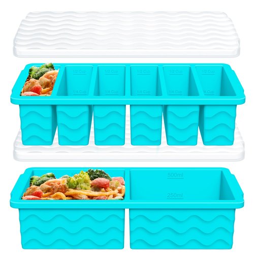 2-Pack Silicone Freezer Trays with Lid, 2 Large 2-Cup(500ml) & 6 Small 1/2-Cup(125ml) Soup Freezer Container Molds, Ice Cube Tray For Meal Prep & Freezing Soup, Stews, Sauces, Oven & Dishwasher-Safe