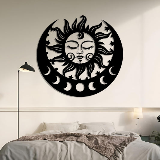 Sun and Moon Metal Wall Decor, Moon Phase Metal Wall Decor, Boho Celestial Wall Art, Celestial Sun Moon Wall Art, Large Sun Face Wall Hanging for Living Room, Outdoor (Black, 38"x35"/96x90cm)