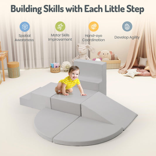 Rinnebbit 6-Piece Foam Climbing Blocks for Toddlers, Baby Climb and Crawl Soft Foam Play Set, Machine Washable Cover, Indoor Activity Play Structures, Climbing Toys for Toddlers 1-3 (Gray)