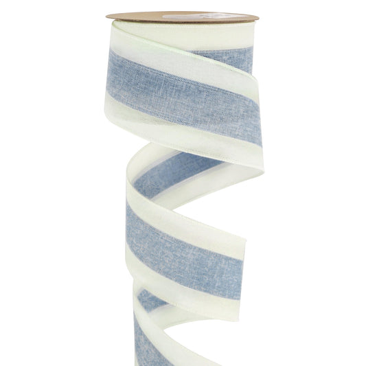 MEEDEE Blue and White Stripe Ribbon Wired 2.5 Inch Light Blue Burlap Ribbons with Ivory Stripe Edge Wreath Supplies, Baby Shower Decorations, Crafts Bow Making (10 Yards)