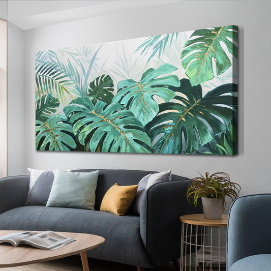 Enartly Tropical Green Leaf Canvas Wall Art Monstera Palm Leaf Painting Jungle Plant Botanical Picture Nature Artwork Print Framed for Living Room Bedroom Bathroom Office Home Decor, Large 40"x20"