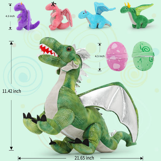 Karister 7Pcs Giant Green Dragon Plush Toy Set, 21.7" Big Mother Dragon Stuffed Animal with 4 Babies & 2 Eggs, Stuffed Dinosaurs for Kids Boys Girls, Cute Soft Plushies Gift for Birthday Christmas