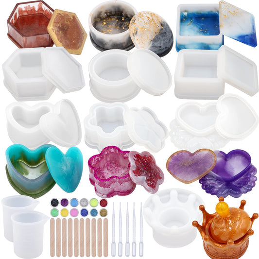 EuTengHao Resin Molds 43Pcs Silicone Molds for Resin, Epoxy Crown Shape Mold Heart Shape Mold with Mica Powder for Storage Box Jewelry Trinket Container DIY Resin Casting Crafts