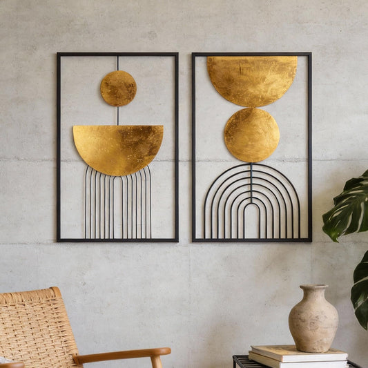 Abstract Geometric Wall Decor Set, Gold and Black Metal Wall Art with Circular and Linear Designs, 2 Piece Framed Modern Wall Sculpture
