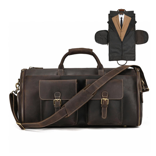 Yevabo Full Grain Genuine Leather Garment Bag for Men 2 in 1 Convertible Suit Travel Duffel Weekender Overnight Bag with Shoe Compartment Business Carry On Luggage, Dark Brown