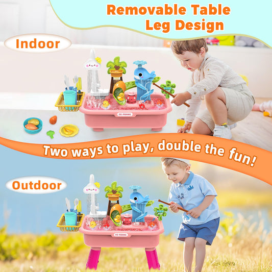 Water Table for Toddlers 1-3，Water Table with Pump，Role Play Sensory Toys，Toy Kitchen Sets for Kids Ages 4-8, Play Sink with Running Water & Electric Faucet，Outdoor Toys for Toddlers 1-3(Pink)