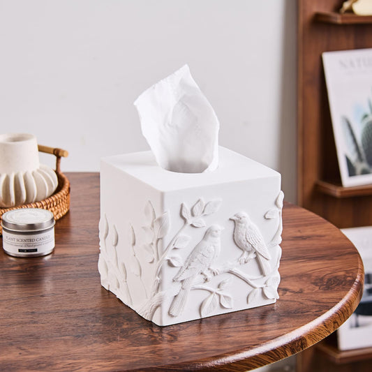 White Marble Relief Birds Square Tissue Box Cover Decorative,Resin Heavy Sturdy Tissue Box Holder, Facial Paper Holder for Bathroom Vanity Countertop, Bedroom Night Stand,Office and End Table
