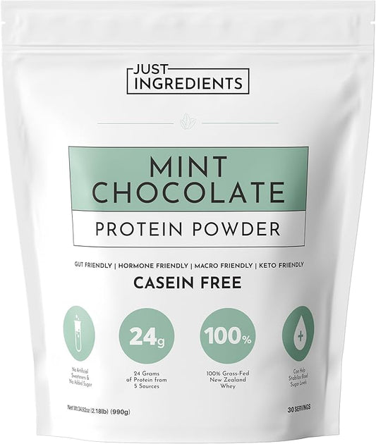 JUST INGREDIENTS Mint Chocolate Protein Powder ??30 Serving Bag ??Grass-Fed Whey & Plant Protein Blend with Real Cocoa & Peppermint ?“Sweetened, Non-GMO, Gluten-Free, No Artificial Flavors