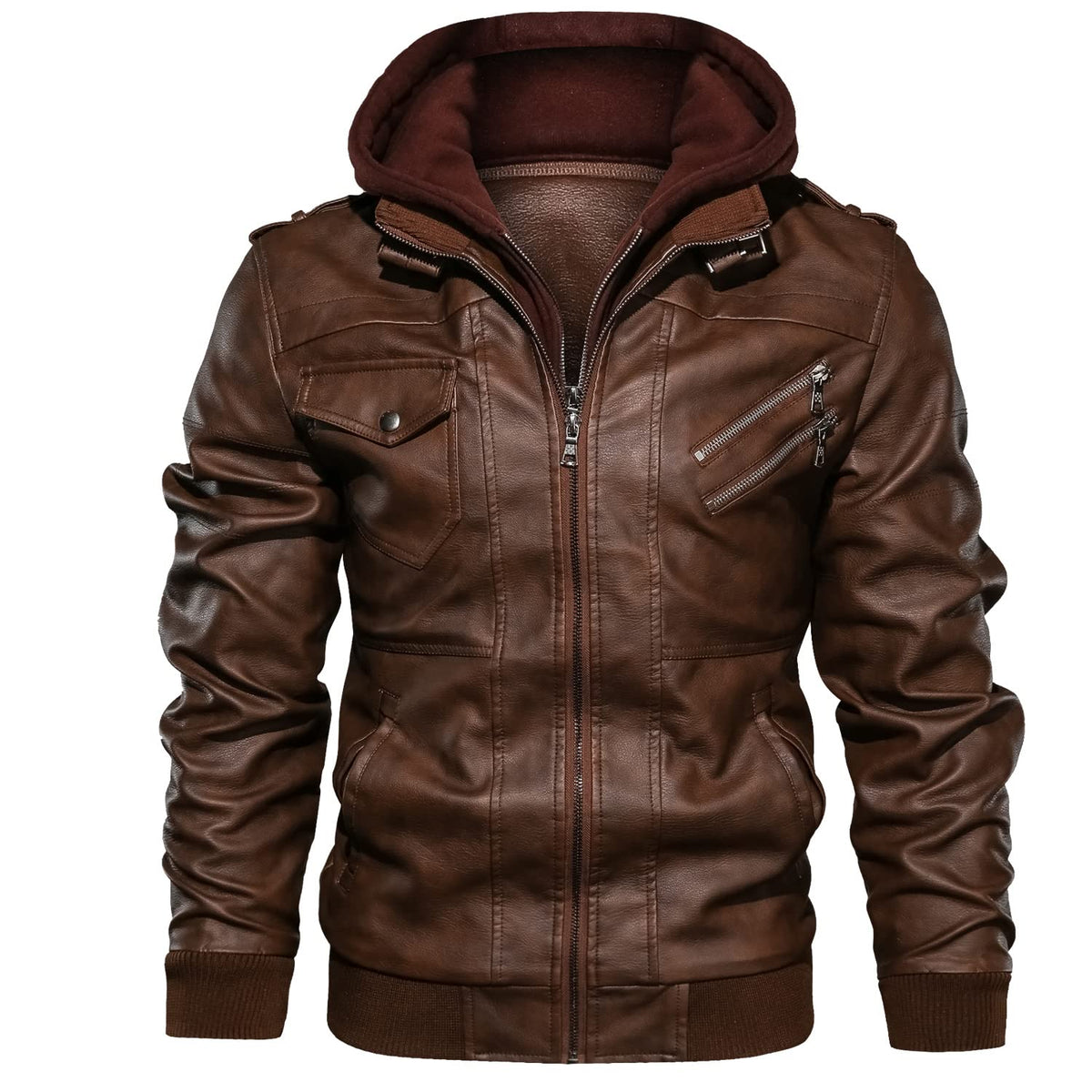 JYG Men's Faux Leather Jacket Stand Collar Motorcycle Bomber Jackets with Removable Hood (Brown,2XL)