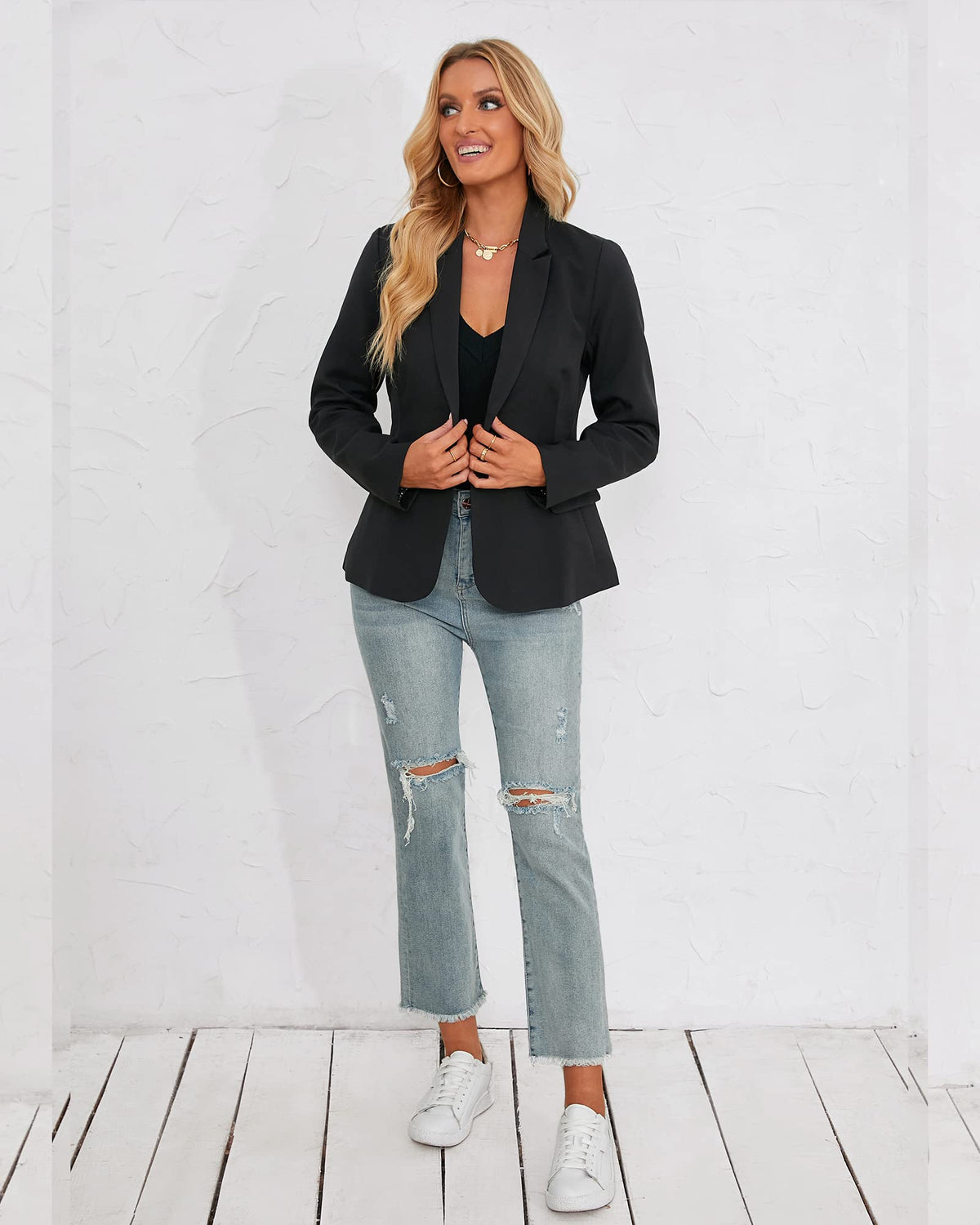 luvamia Women's Notched Lapel Neck Long Sleeves One Button Pocketed Blazer Jacket Wear to Work Suit Tuxedo for Women Womens Slim Fit Casual Work Office Business Blazers New Black Size XXL