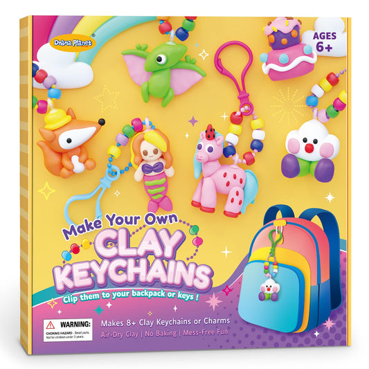 Drama Planet Make Your Own Clay Keychains – Air Dry Clay Craft Kit for Kids Ages 6 and Up, Create 8+ Charms and Bag Decorations, Great Gift for Girls and Boys