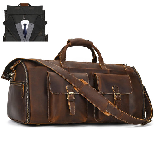 Men's Carry On Garment Bag, Convertible Garment Bag Full Grain Leather Duffle Bags with Shoe Pouch, 2 in 1 Hanging Suitcase Suit Travel Bags
