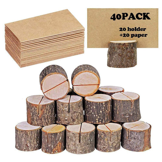whatUneed 20 Pack Place Card Holders, Rustic Real Wood with Wooden Bark Table Card Holder, Number Photo Stand Place Name Memo Card Holder for Wedding Party (20 Holders+20 Kraft Place)