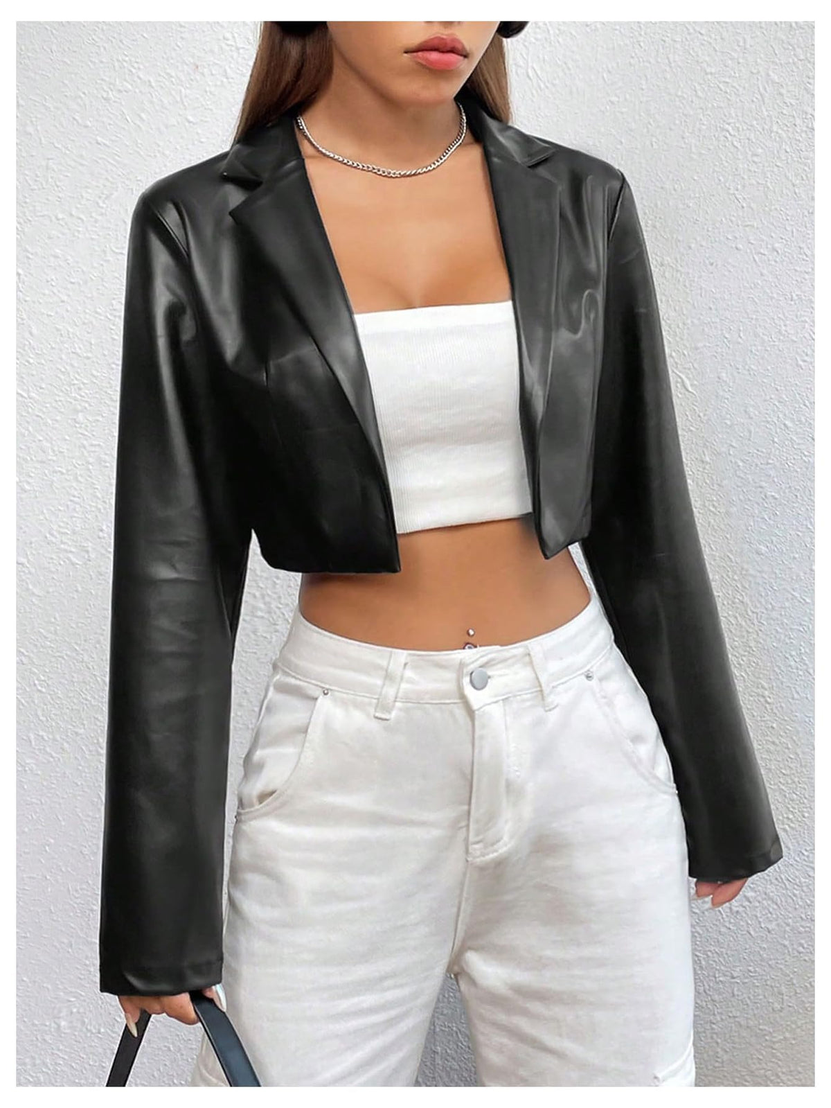 GORGLITTER Women's Cropped Faux Leather Jacket Y2k Long Sleeve Open Front Cardigan Bomber Moto Biker Jackets Rave Outfits Black Medium