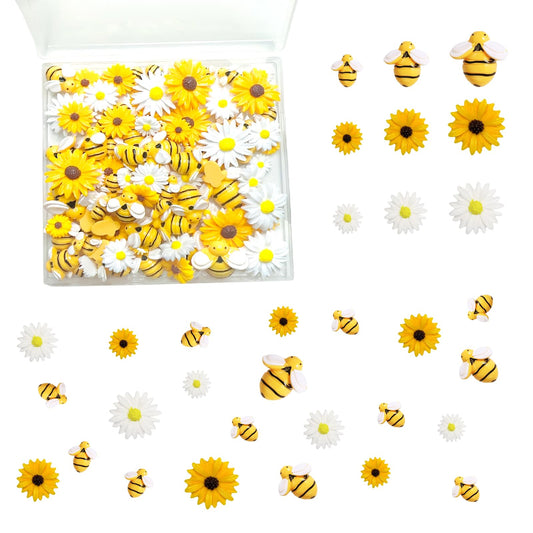 DANUDON 100PCS Mini Bees for Crafts Resin Bee Daisy Flowers Decor, 3 Sizes Sunflower Bumble Bee Embellishment Beads Charms for DIY Christmas Wreath Scrapbooking Party Decorations, with Box