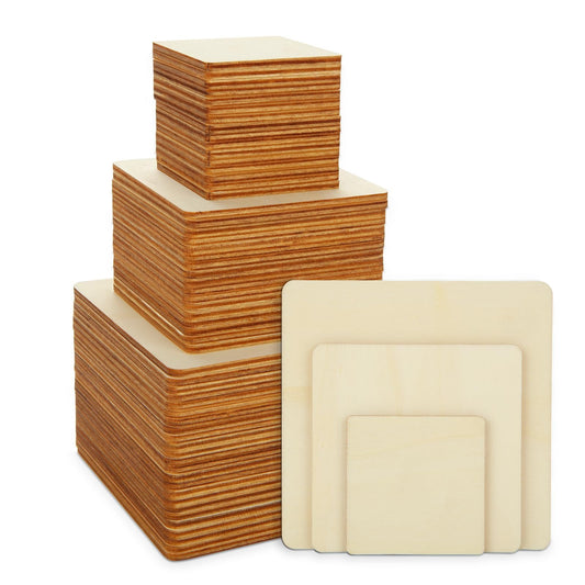 SHUESS 140 Pack Unfinished Wood Squares for Crafts, (3 Sizes, 2", 3", 4") Blank Wooden Pieces for Wood Burning Projects, DIY Crafts, Wood Burning Kit