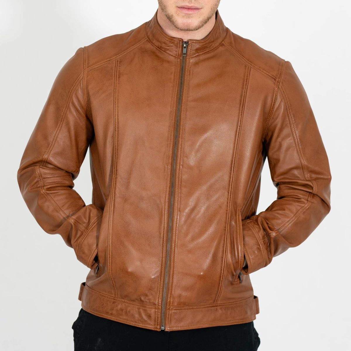 BRICK LANE Stand Collar Leather Jacket for Men | Timeless Design - Genuine Lamb Nappa Leather Cafe Racer Jacket (US, Alpha, Large, Regular, Regular, Tan)