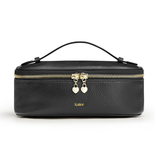 Kattee Makeup Bag for Women, Leather Cosmetic Bag, Working Makeup Bags for Ladies with Handles, Portable Travel Toiletry Bag,Black
