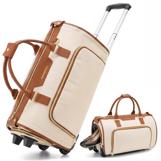 Fanwoli Carry-On Rolling Garment Bag for Travel, 3-in-1 Wheeled Luggage with Shoe Storage & Detachable Organizer, Convertible Duffel Bag for Men Women Business Trips Weekender, Wrinkle-Free (Brown)