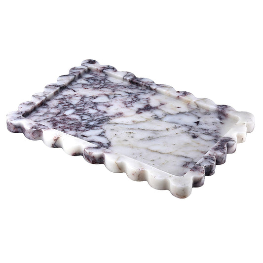 PebblePure 14" x 10" Large Genuine Calacatta Viola Scalloped Marble Tray, Pre-Sealed for Stain & Water Resistance, Luxury Decorative Trays for Vanity, Bathroom, Dresser, Coffee Table, Home Decor