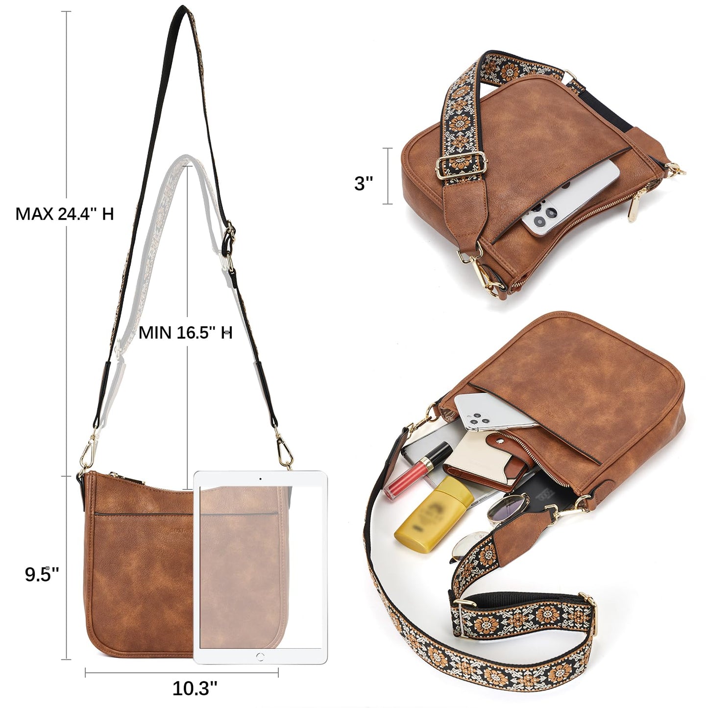 BOSTANTEN Crossbody Bags for Women Trendy Vegan Leather Hobo Purses Shoulder Handbags With Wide Shoulder Strap Brown