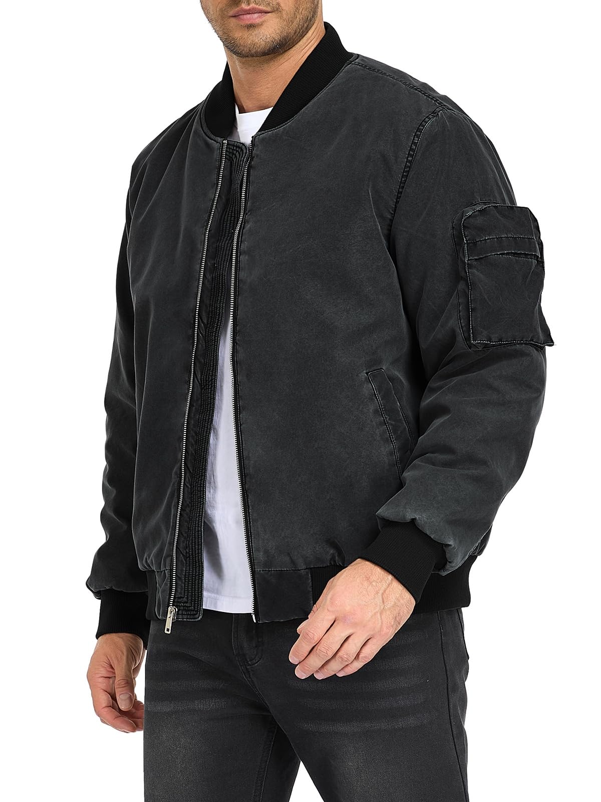 Oymyakon Mens Vintage Bomber Jacket Washed Fall Winter Warm Military Jackets Casual Padded Coats Windbreakers Black M