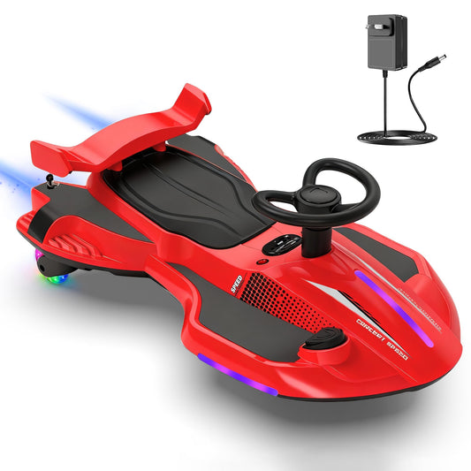 12V Electric Wiggle Car with Pedal for Kids, Rechargeable 2 in 1 Swing Toy, Devil Drifting Car with Backrests, Anti-Rollover, Spray, Light, Bluetooth, Maximum Speed up to 4 mph, for Ages 3 and Up
