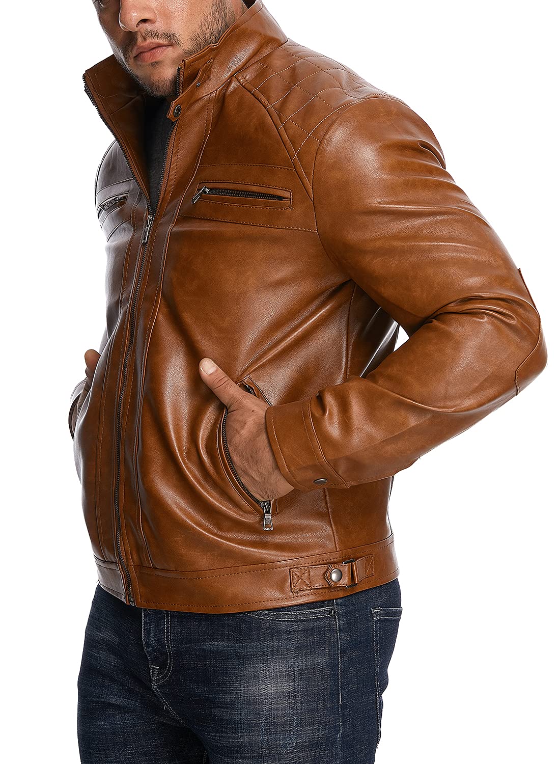 HOOD CREW Men’s Stand Collar Leather Jacket Casual Faux Leather Motorcycle Jacket Outerwear Coat with Zipper Pockets Brown XL