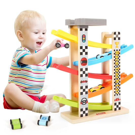 Belleur Montessori Toy for 1-3 Years Old Boys and Girls, Kid Race Track Car for Toddlers with 5 Mini Cars & 5 Ramps, Wooden Montessori Car Ramp Toy Set for Babies' Birthday Gifts, Visit Gifts