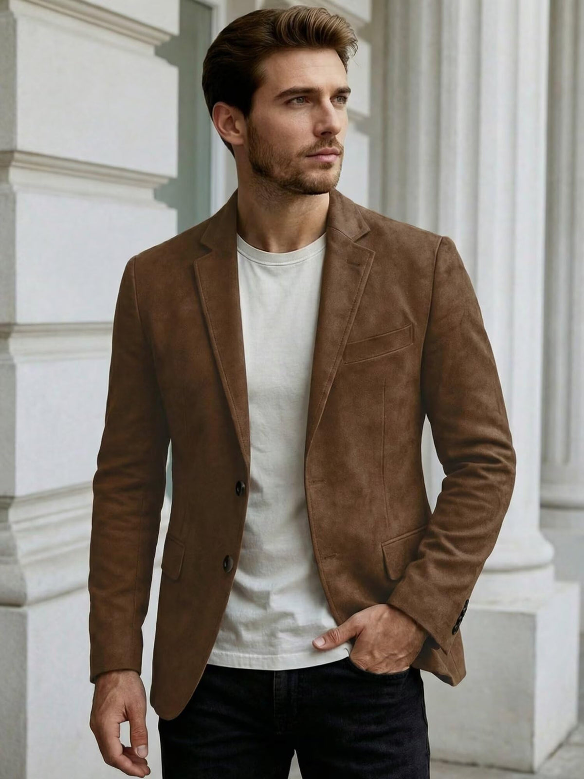 Mens Suede Jacket Sports Coats for Men Western Cowboy Style Faux Leather Suede Blazer for Men Business Work Daily Lightweight Mens Suit Jacket Coffee, M