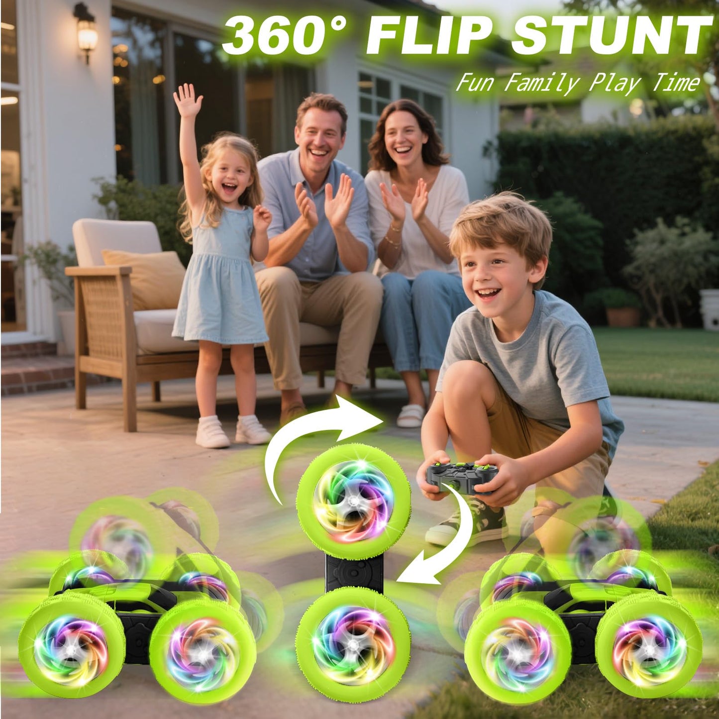 FDCTR Remote Control Car, Stunt RC Cars, 2.4GHz Double Sided 360° Flips RC Crawler, Outdoor Toys for Kids Ages 4-8, Upgraded USB-C Modular Battery, 5 6 7 8 9 10 +Year Old Boys Birthday Gifts Green
