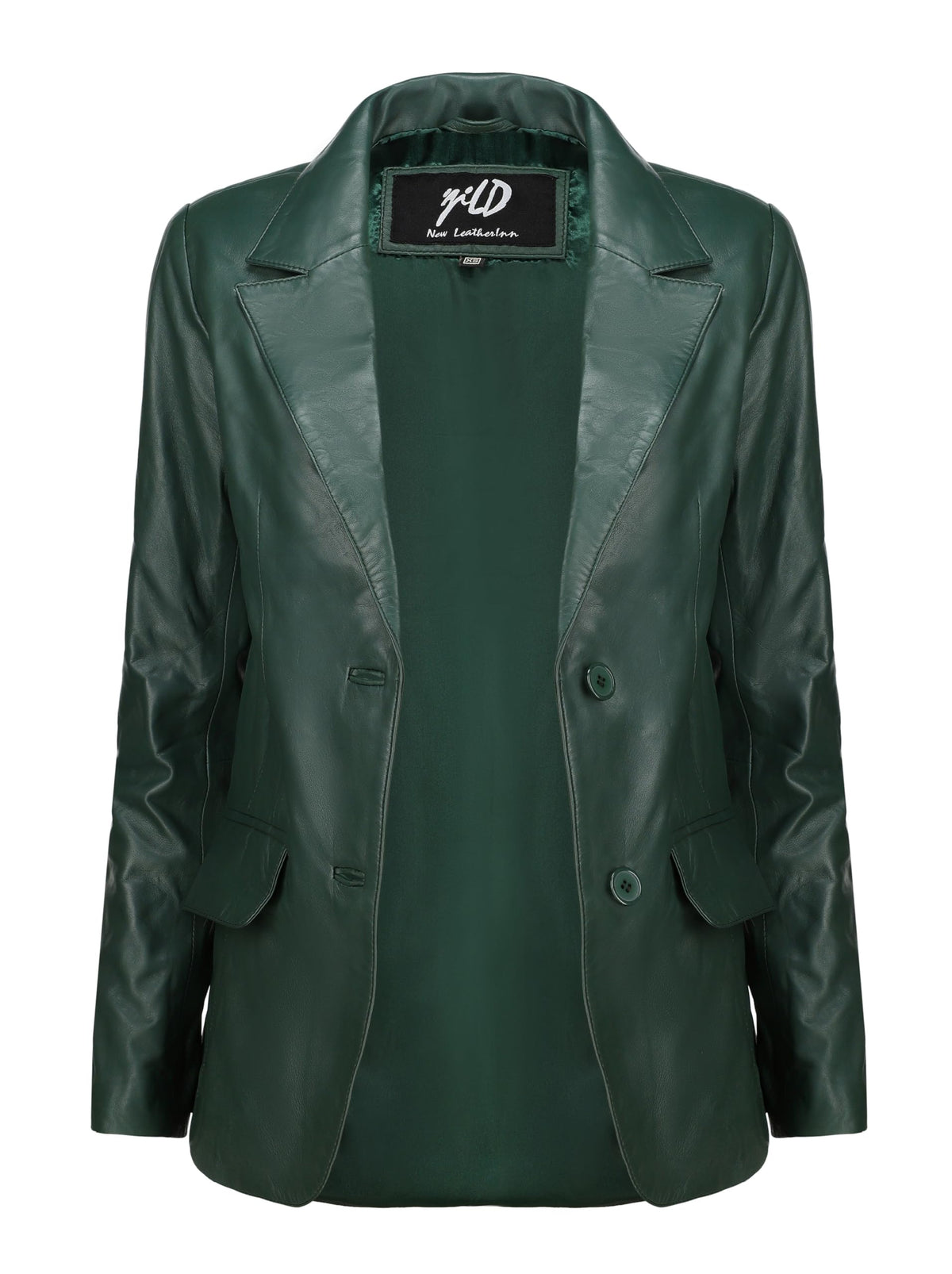 Jild Classic 2-Button Lambskin Leather Blazer Women - Casual Coat Long Sleeves Suit Style Leather Jacket Women (LC-GREEN-L)