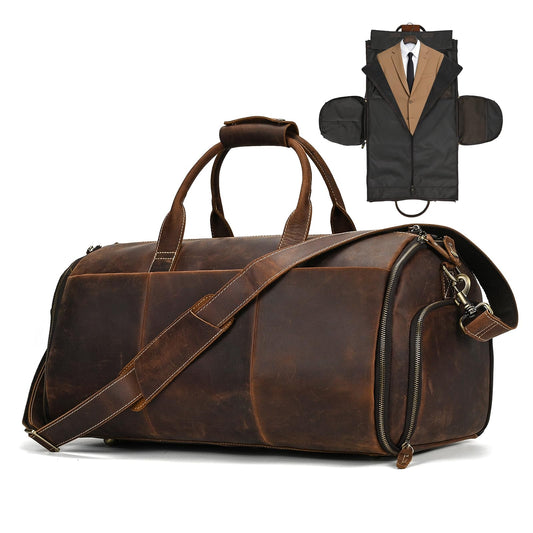 Yevabo Full Grain Genuine Leather 2-in-1 Garment Dufflel Bag for Men Foldable Suit Carrier with Independent Shoe Compartment, Large Capacity Weekender Overnight Travel Bag for Business Trips, Coffee