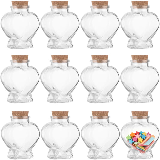 Skdqiee 12 PCS Glass Heart Mini Jars with Cork, Small Clear Decorative Bottles for Wedding Favors, Message Bottles for Crafts, DIY Present and Decorative Storage