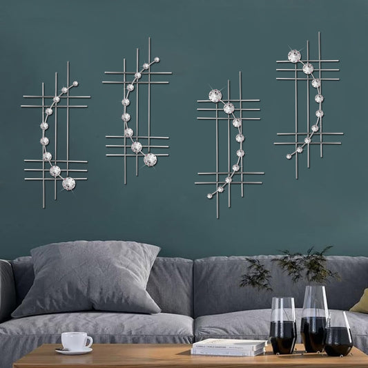 ZEXUIRU 4 Set Bling Metal Wall Art Jeweled Crystal Hang Wall Decor Rhinestone Diamond Iron Abstract Wall Sculpture 16.7 * 7inch Silver