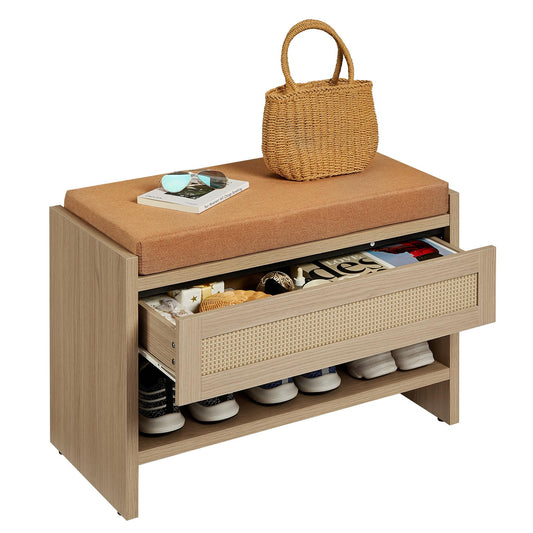 Garvee 32" L Farmhouse Shoe Bench with Storage Drawer & Linen Cushion – Wooden Entryway Bench with Open Shelf for Hallway, Bedroom & Living Room Organization,Light Oak