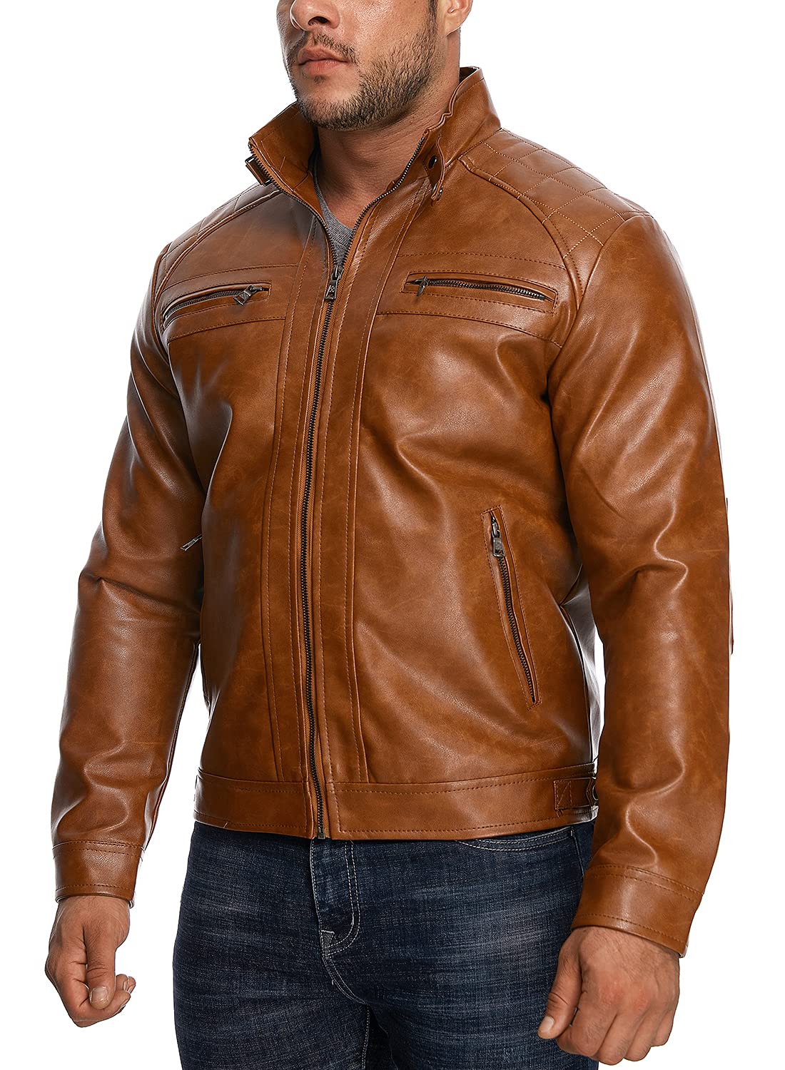HOOD CREW Men’s Stand Collar Leather Jacket Casual Faux Leather Motorcycle Jacket Outerwear Coat with Zipper Pockets Brown XL