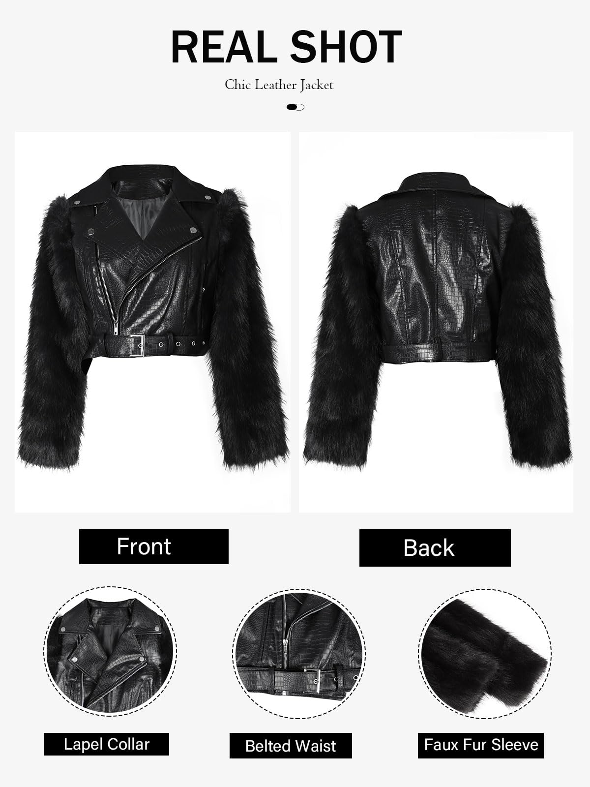 Akmipoem Leather Jacket Women Cropped PU Moto Coat Faux Fur Sleeve Short Biker Jackets Fall Streetwear with Belt Black M
