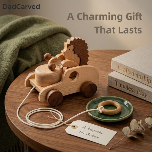 DadCarved Hedgehog Pull-Along Toy | Musical Wooden Pull Toy with Wooden Grip Ring | Natural Drumming Sound for Toddlers 1.5+ Years