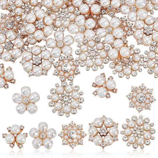 AHANDMAKER 40pcs 5 Styles Pearl Rhinestone Flower Buttons Faux Pearl Embellishments Brooch Alloy Floral Pendants for Crafts Jewelry Making DIY Wedding Decorations Clothes Bags Shoes Supplies