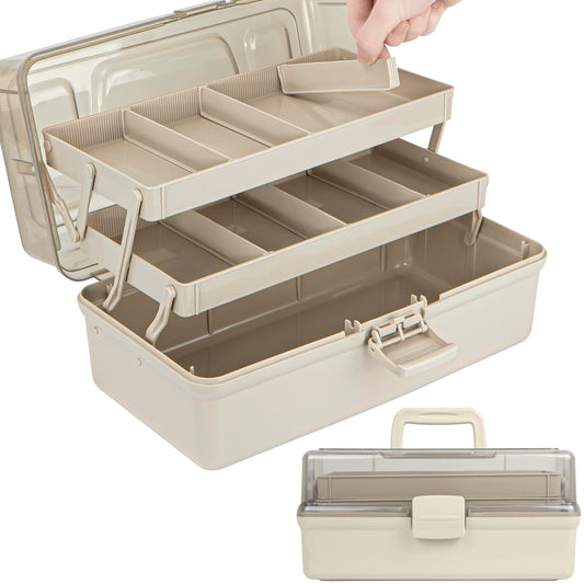 TERGOO 14in 3-Layer Multipurpose Craft Organizers and Storage with Adjustable Dividers, Portable Tackle Box, Folding Art & Craft Case for Medicine, Tool, Sewing Organizer (Brown, X-Large)