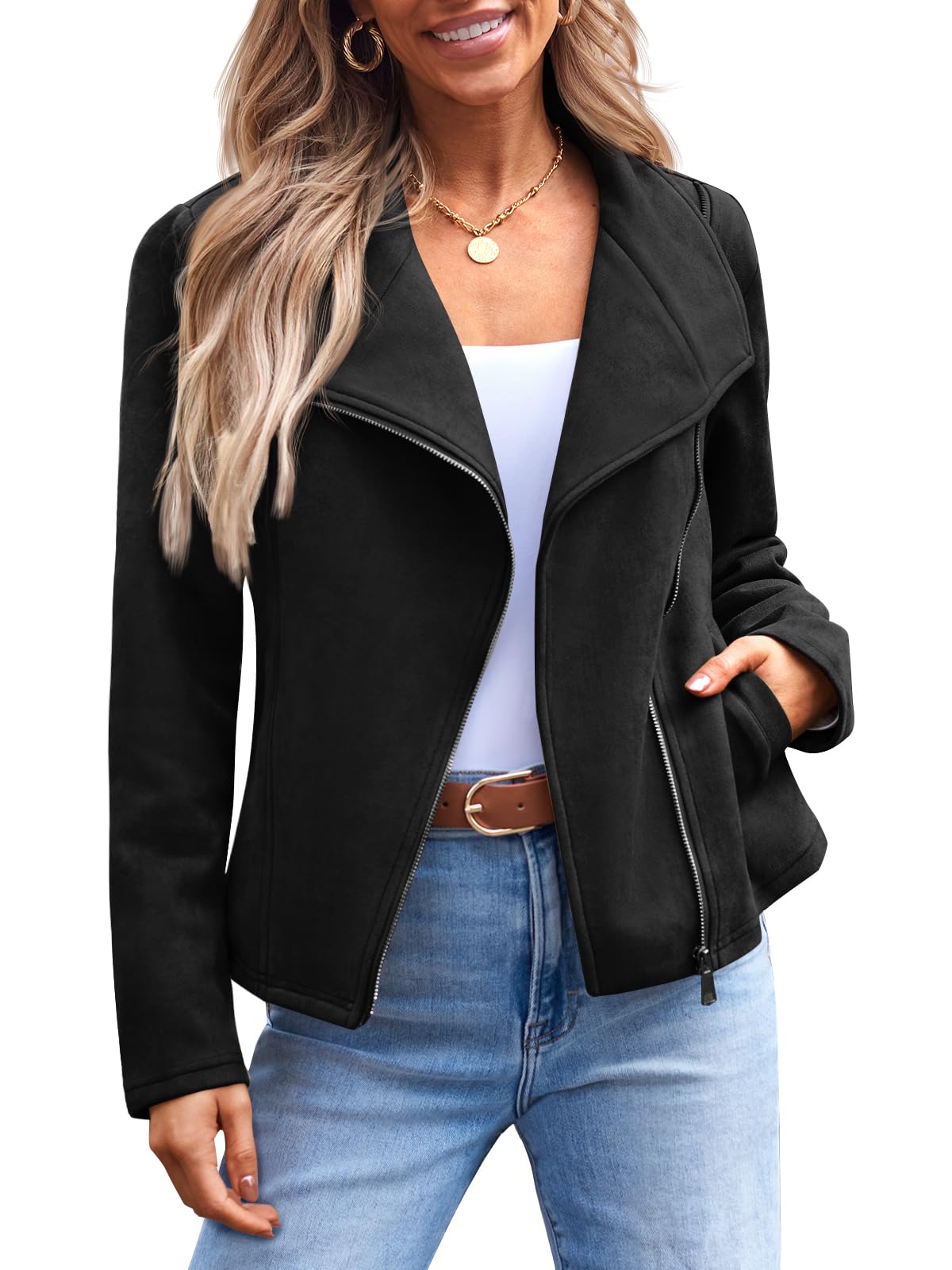 AUTOMET Women's Faux Suede Leather Jacket Cropped Open Front Cardigan Buttery Soft Lightweight Fall Coat Black S