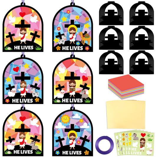 Qyeahkj 36 Set Easter Jesus Cross Suncatchers Crafts for Kids DIY Christian Religion Cross Window Tissue Paper Craft Kit Hanging Decor for School Home Activity Art Project Birthday Party Favor